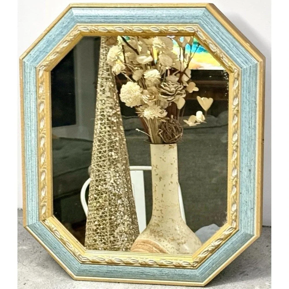 Vintage Italian Gold Mirror Jewelry Box Octagon Wall Cabinet Hidden Key Holder